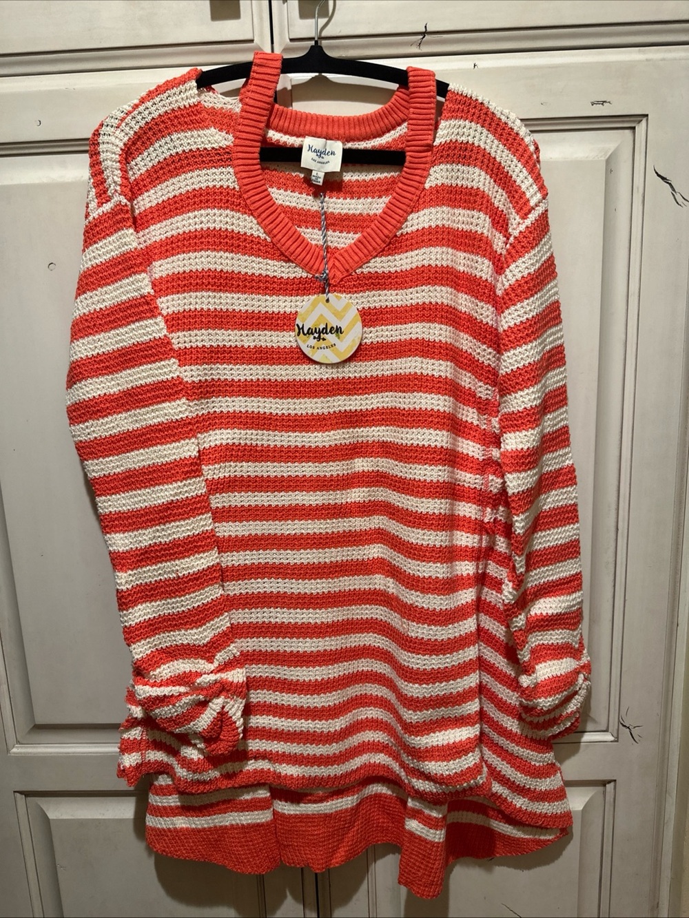 Hayden Coral and Cream Striped V-Neck Sweater